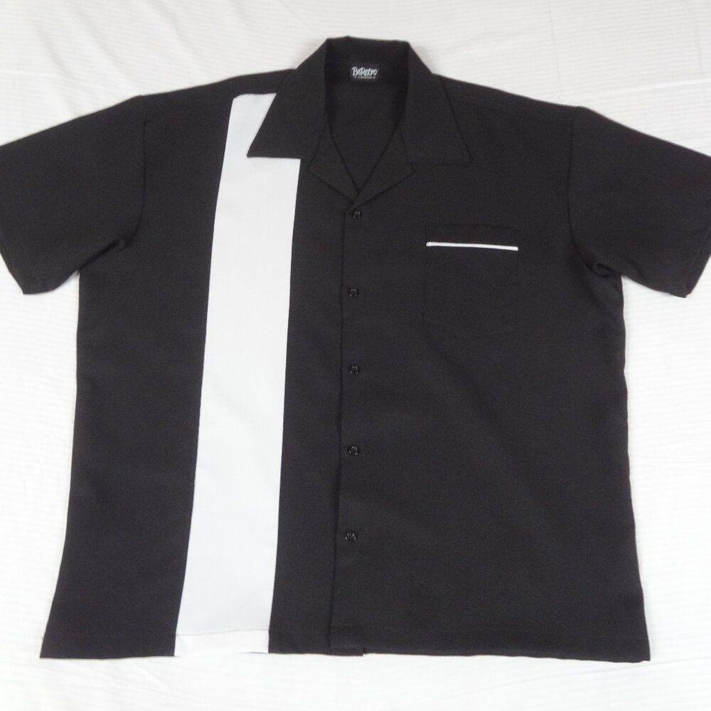 Retro Black/White 1 Stripe Rockabilly Bowling Shirt Button Front 2XL L518